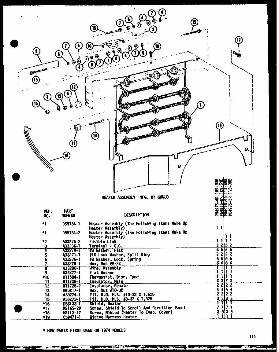 Heater Assembly Mfg. By Gould (109-3ne/p54975-4r) (109-5ne/p54975-8r) (113-5ne/p54975-9r) (113-3ne/p54975-5r) Diagram and Parts List for 109-5NE P54975-8R Amana Air Conditioner