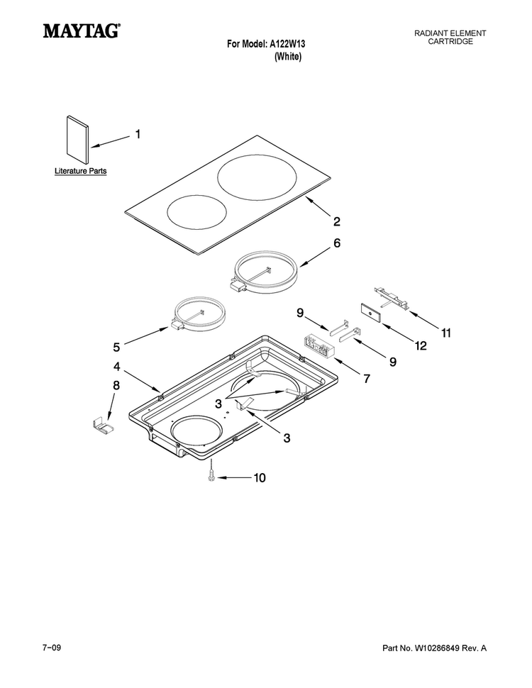 Glass Cartridge Diagram and Parts List for A122W13  Maytag Range