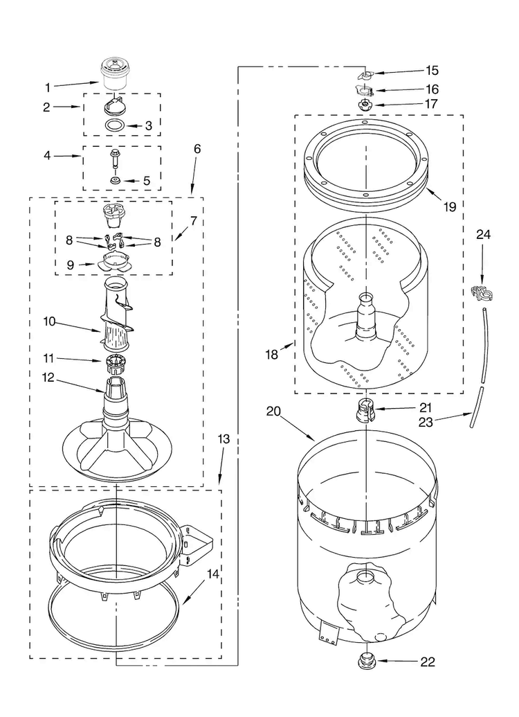 Agitator, Basket And Tub Parts Diagram and Parts List for NTW4600VQ1  Amana Washer