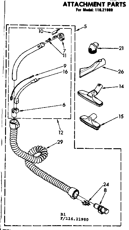 Attachment Parts Diagram and Parts List for 11621980  Kenmore Canister Vacuum
