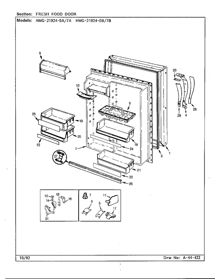 Fresh Food Door Diagram and Parts List for 21924-7A  Admiral Refrigerator