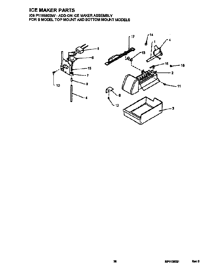 Ice Maker Diagram and Parts List for TR22S4E-P1196203WE  Amana Refrigerator