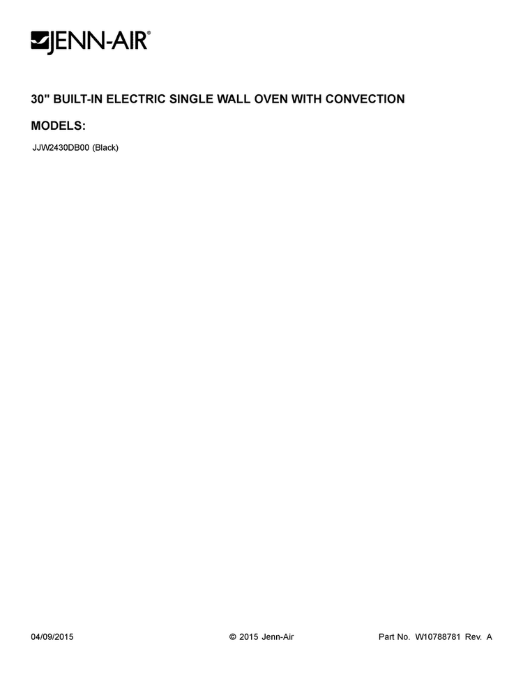 Cover Sheet Diagram and Parts List for JJW2430DB00  Jenn-Air Wall Oven
