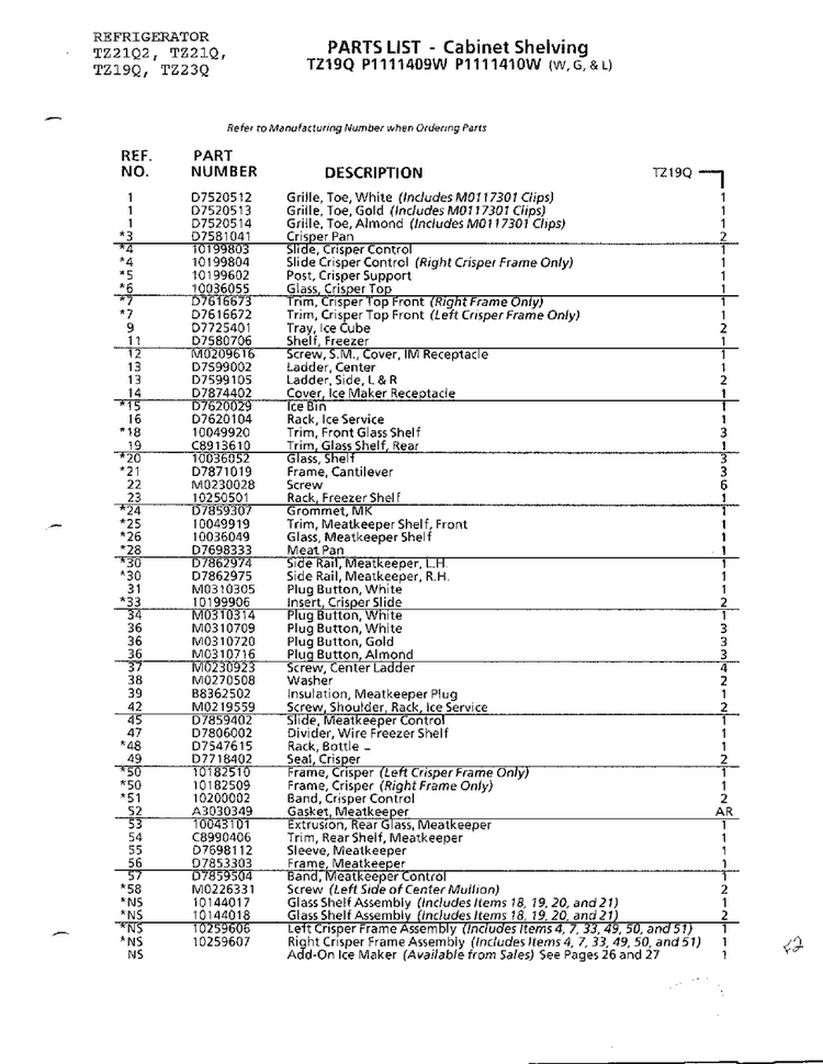 Cabinet Shelving Page 2 Diagram and Parts List for TZ21Q  Amana Refrigerator