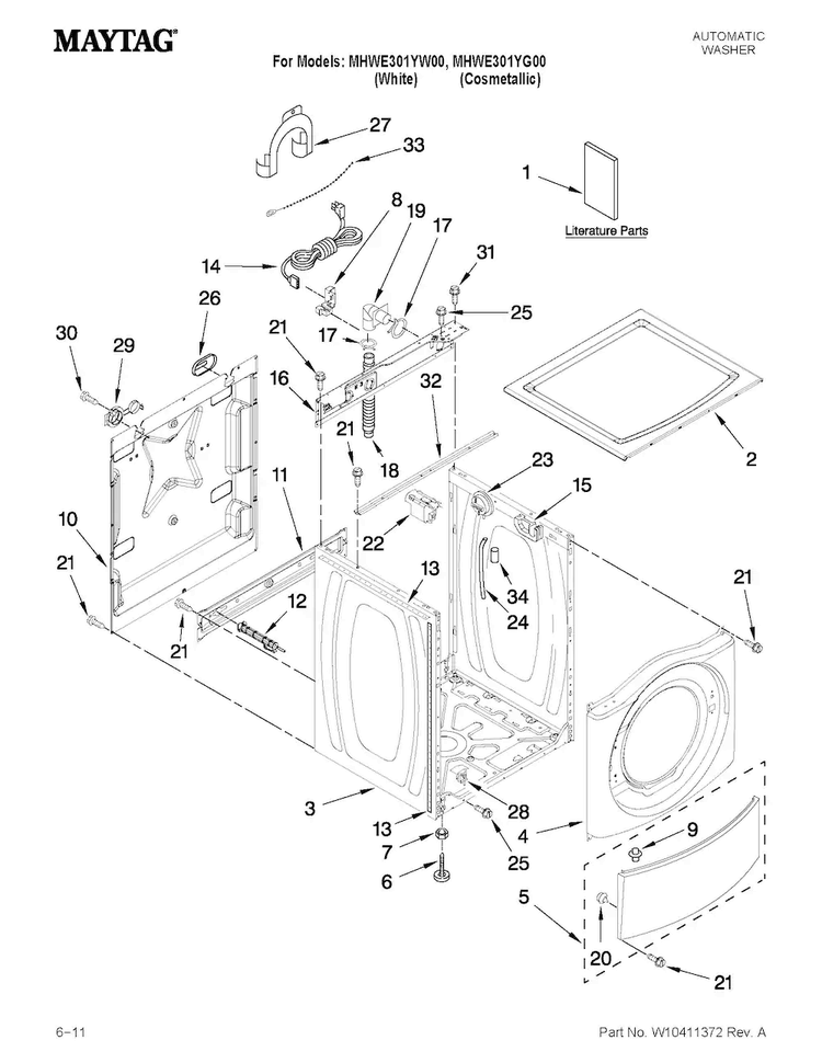 Top And Cabinet Parts Diagram and Parts List for MHWE301YW00  Maytag Washer
