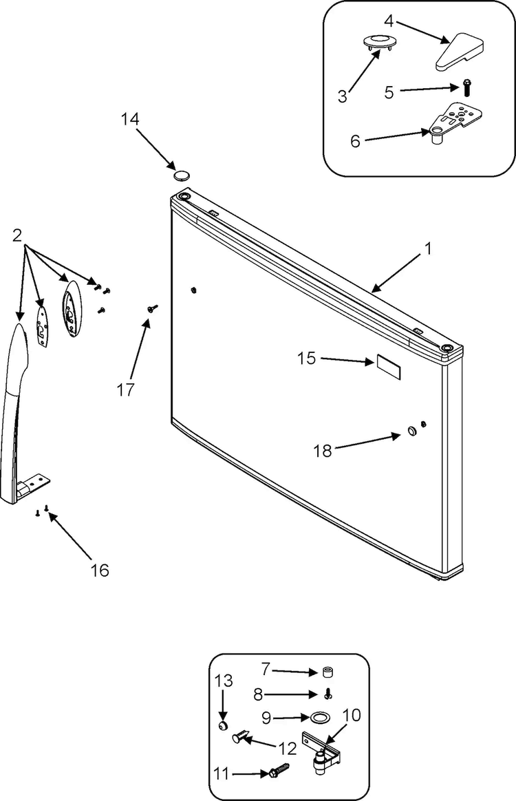 Freezer Outer Door Diagram and Parts List for GT2183PEKW  Maytag Refrigerator