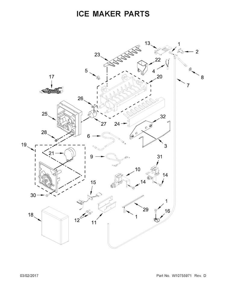 Ice Maker Parts Diagram and Parts List for JF36NXFXDE00  Jenn-Air Refrigerator