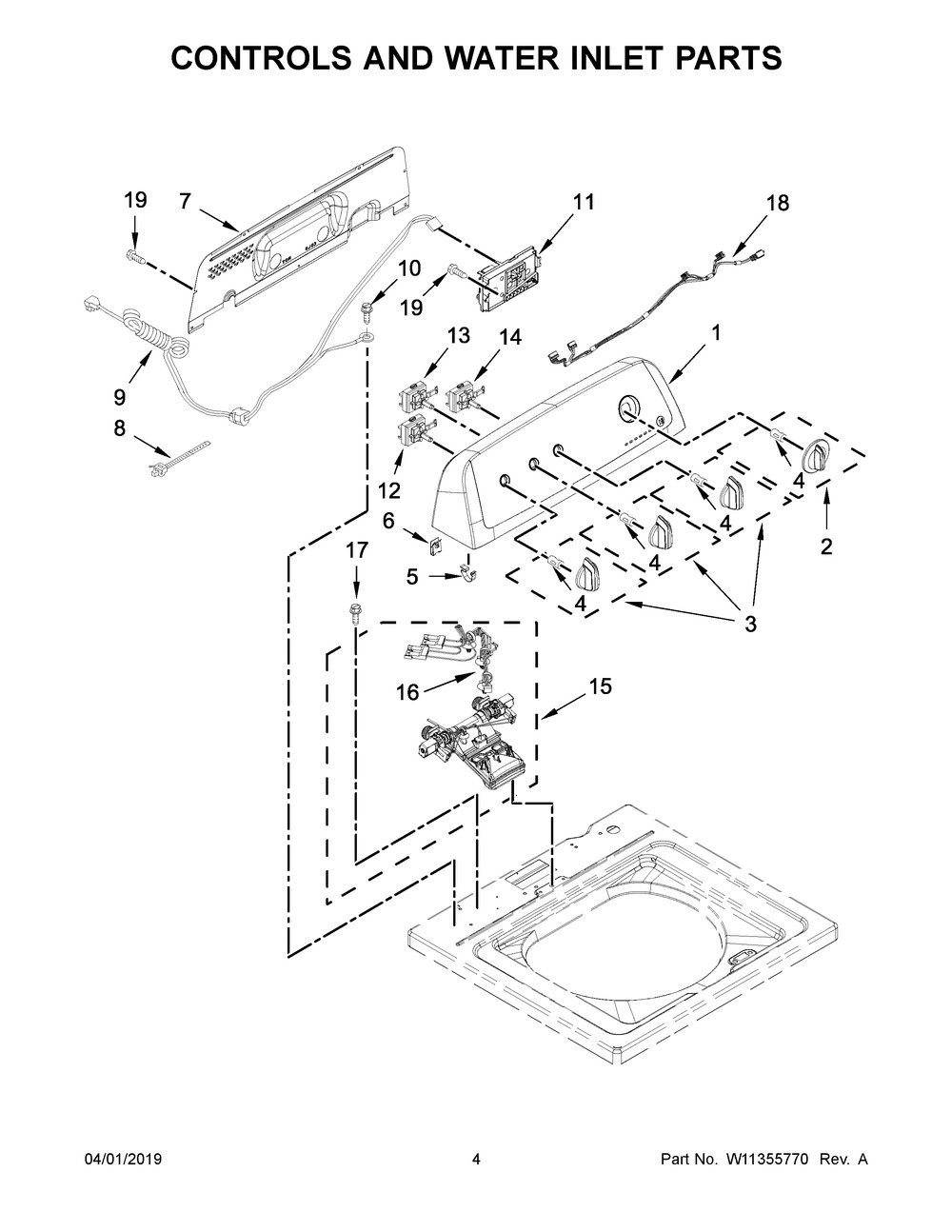 Controls And Water Inlet Parts Diagram and Parts List for NTW4519JW0  Maytag Washer