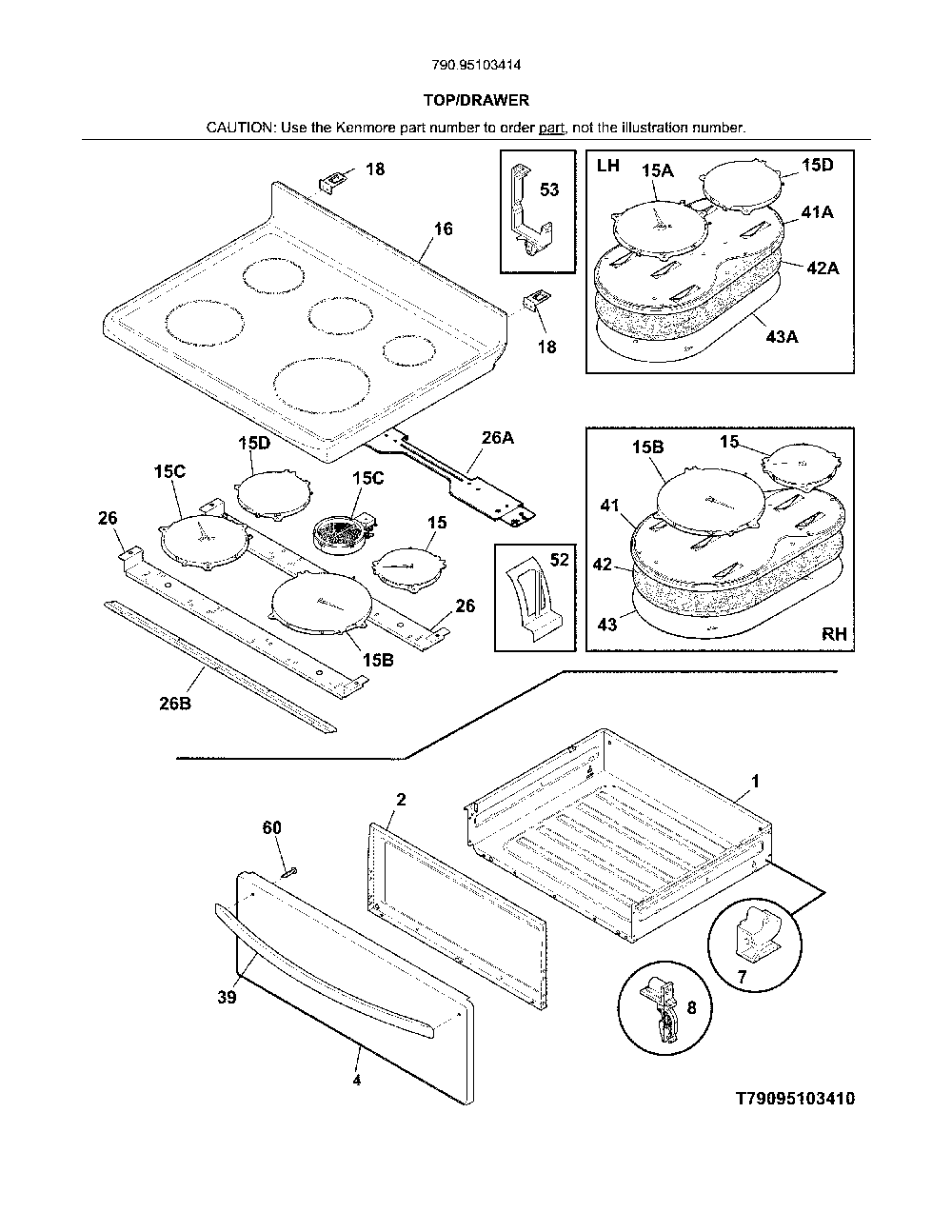 Top/Drawer Diagram and Parts List for 79095103414  Kenmore Range