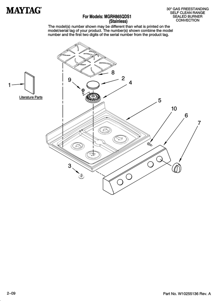 Cooktop Parts Diagram and Parts List for MGRH865QDS1  Maytag Range