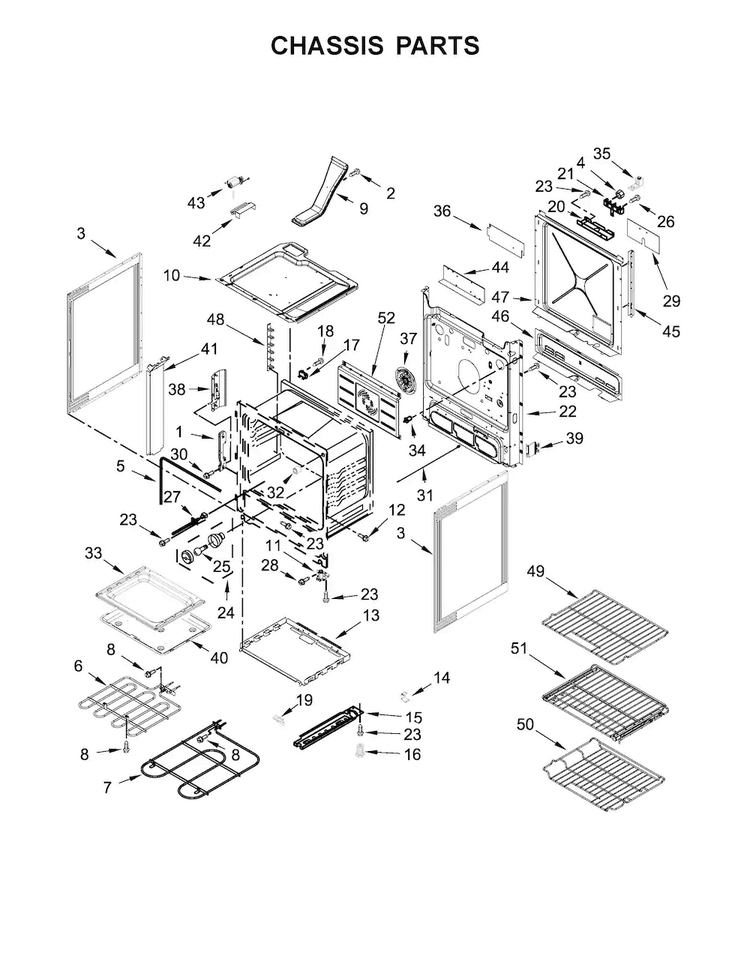 Chassis Parts Diagram and Parts List for JES1450DB0  Jenn-Air Range