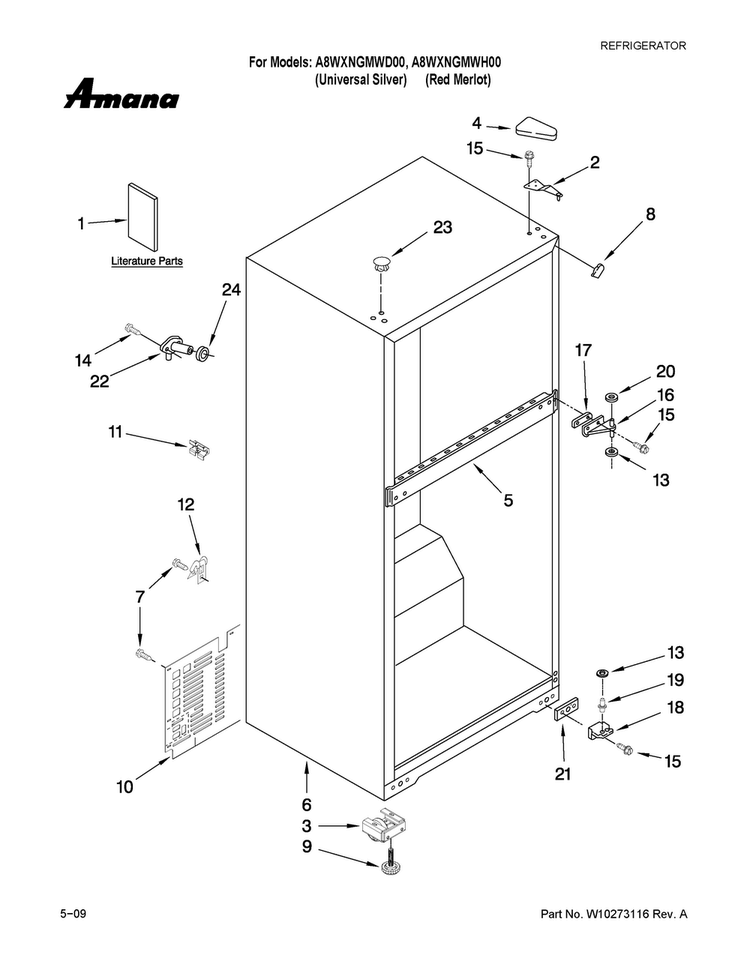 Cabinet Parts Diagram and Parts List for A8WXNGMWD00  Amana Refrigerator