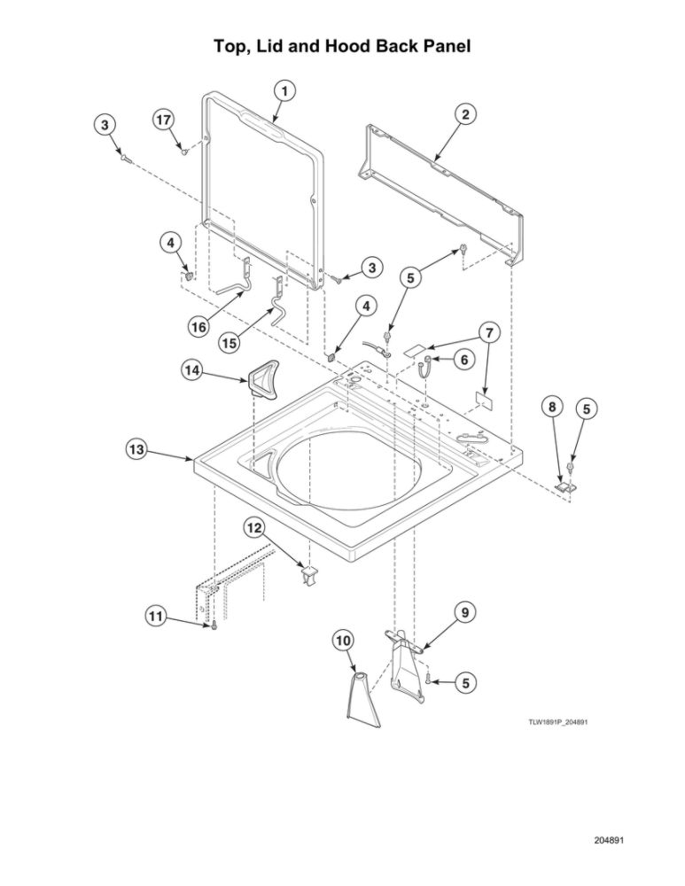Top/Lid/Hood Back Panel Diagram and Parts List for AWN632SP116TW01  Speed Queen Washer