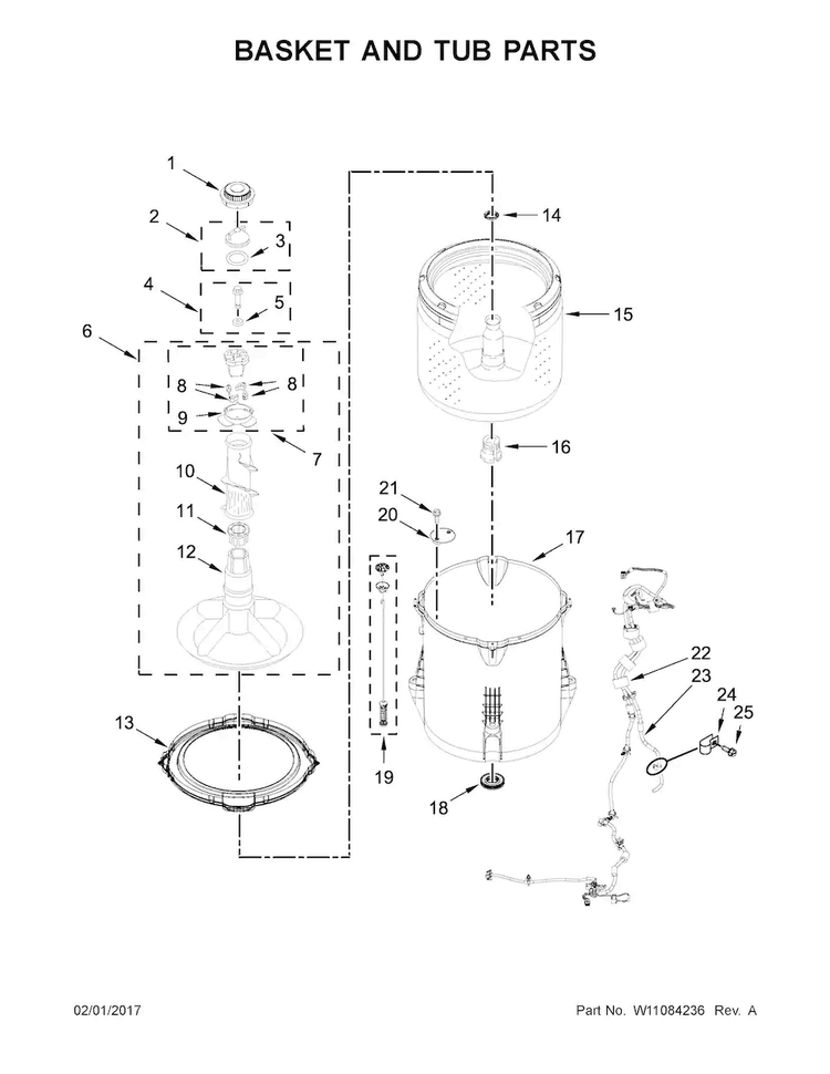 Basket And Tub Parts Diagram and Parts List for VAW3584GW0  Crosley Washer