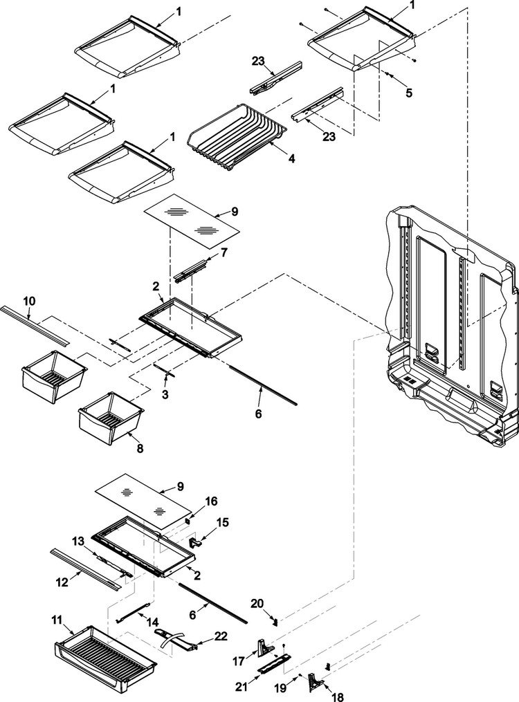 Refrigerator Shelving Diagram and Parts List for ABL2227FES0  Amana Refrigerator