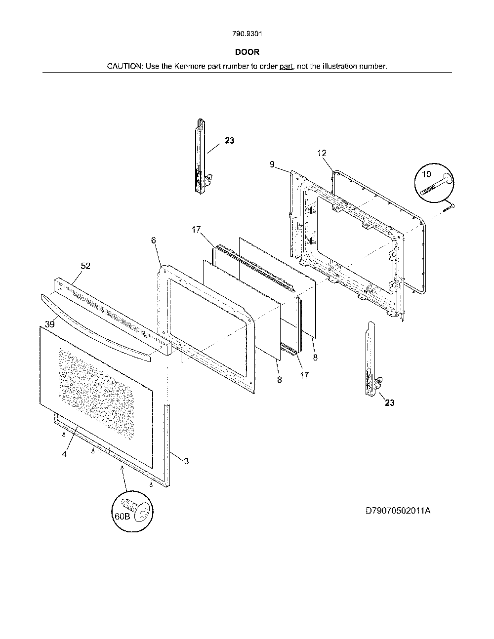 Door Diagram and Parts List for 79093012313  Kenmore Range
