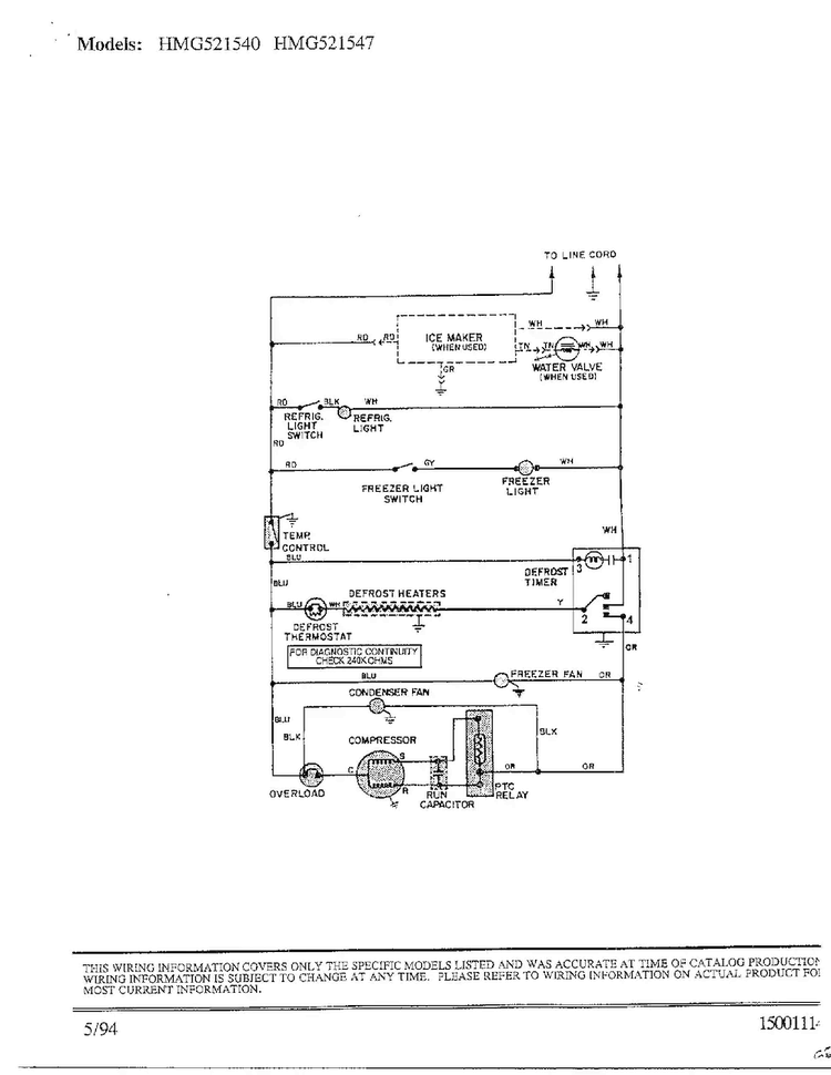 Wiring Information Diagram and Parts List for 52154  Admiral Refrigerator