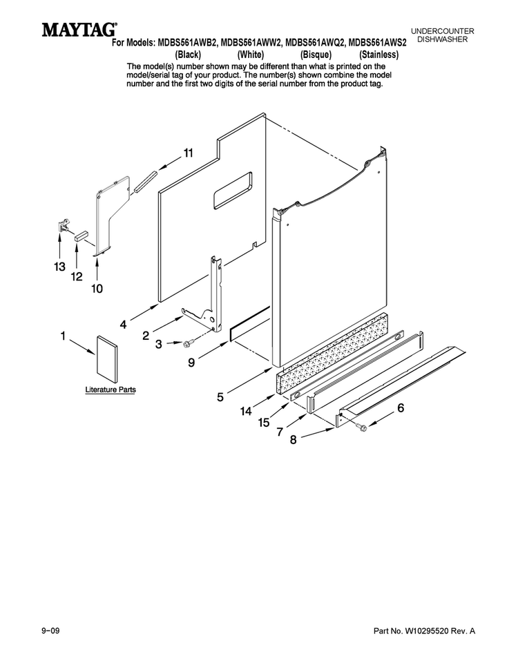 Door And Panel Parts Diagram and Parts List for MDBS561AWB2  Maytag Dishwasher