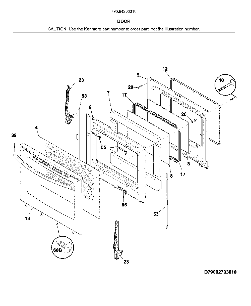 Door Diagram and Parts List for 79094203316  Kenmore Range