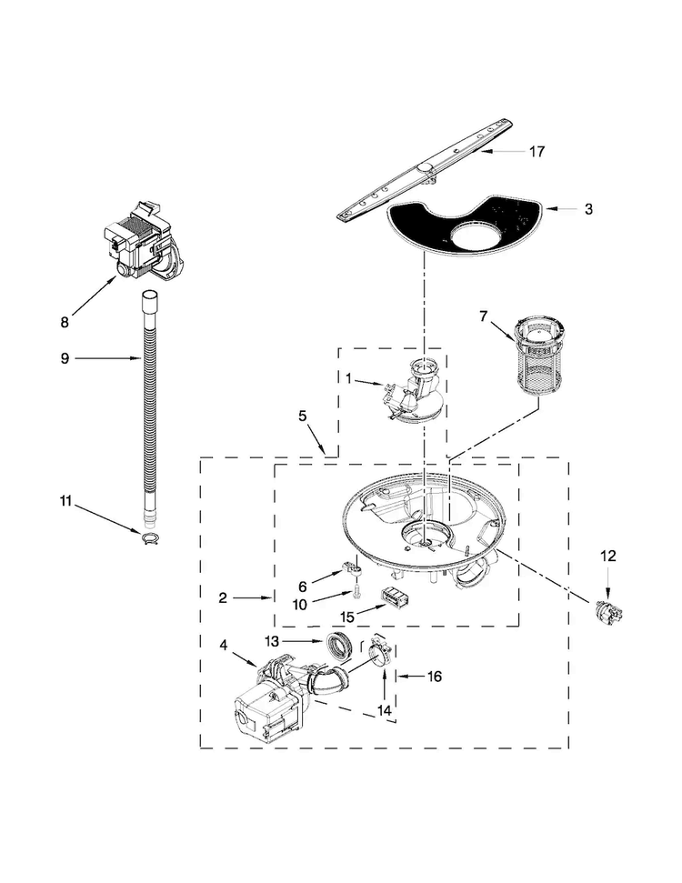 Pump, Washarm And Motor Parts Diagram and Parts List for ADB1400PYB3  Amana Dishwasher
