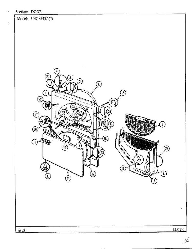 Door Diagram and Parts List for 8543A  Norge Dryer