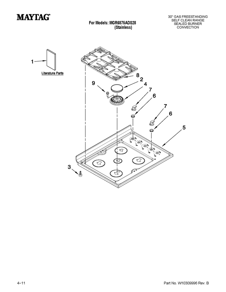 Cooktop Parts Diagram and Parts List for MGR6875ADS28  Maytag Range