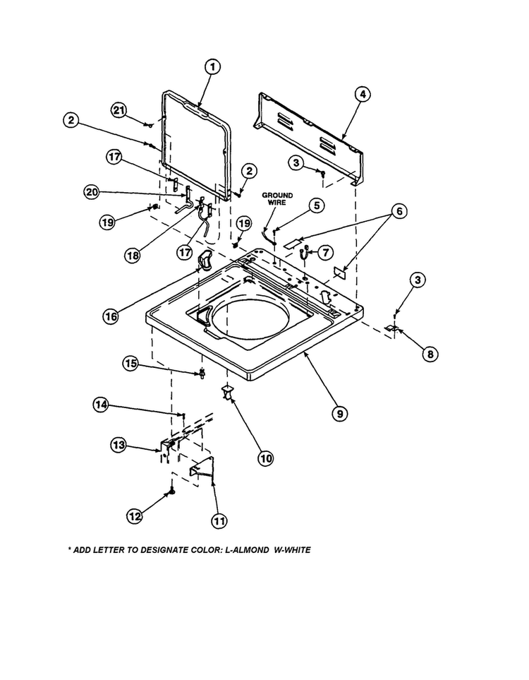 Cabinet Top/control Hood Rear Panel Diagram and Parts List for LW6123LM-PLW6123LMB  Amana Washer