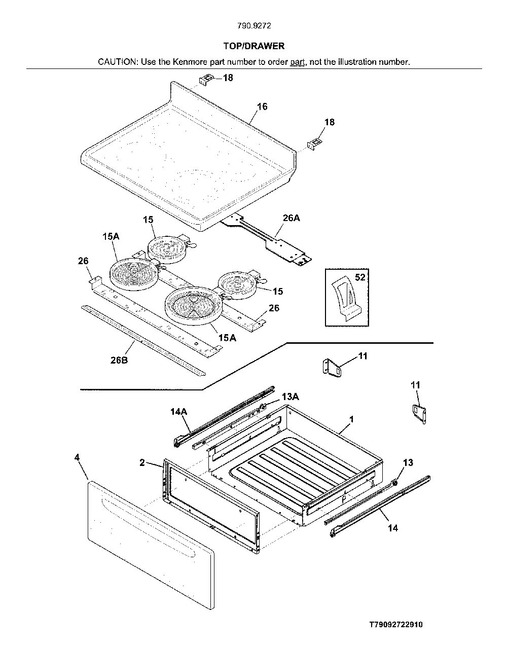 Top/Drawer Diagram and Parts List for 79092722910  Kenmore Range