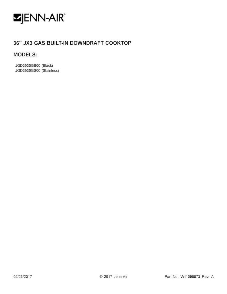 Cover Sheet Diagram and Parts List for JGD3536GB00  Jenn-Air Cooktop