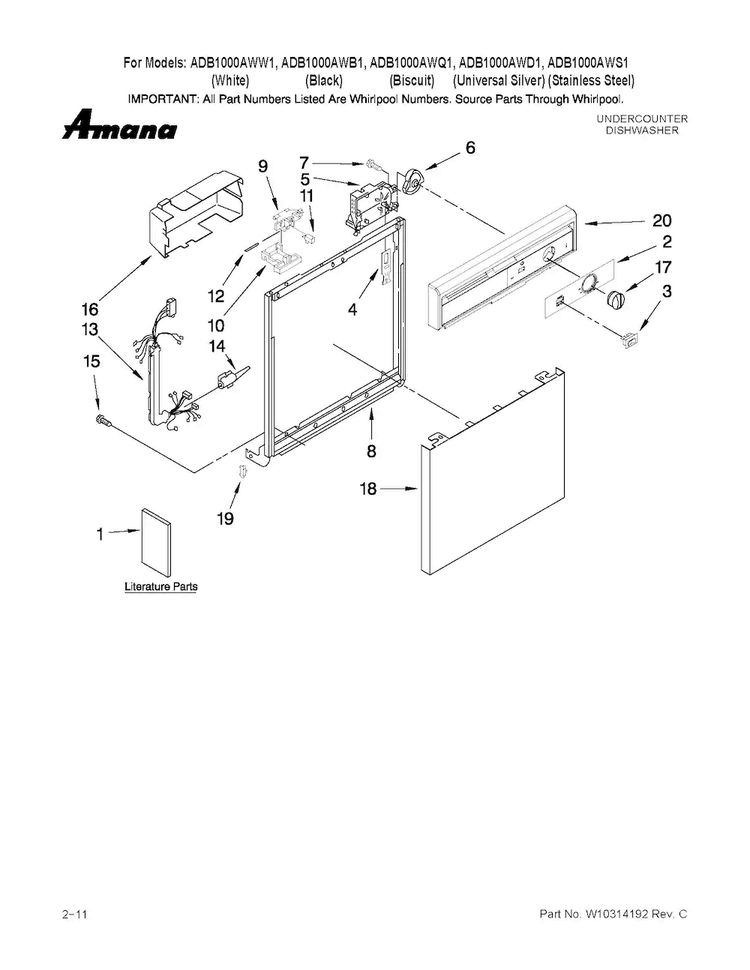 Frame And Console Parts Diagram and Parts List for ADB1000AWS1  Amana Dishwasher
