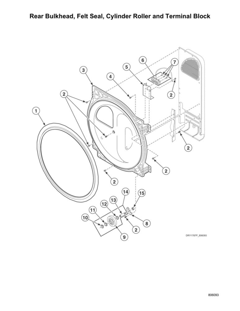 Rear Bulkhead/Felt Seal/Cylinder Roller/Terminal Block Diagram and Parts List for ATGE9ASP115TW01  Speed Queen Washer Dryer Combo