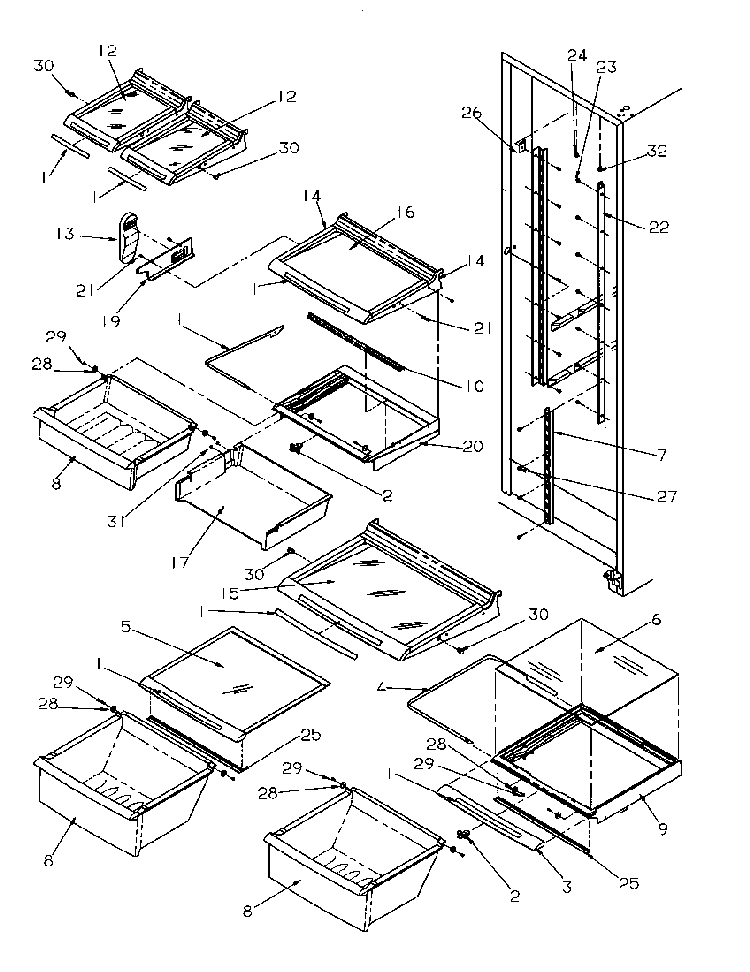 Refrigerator Shelving And Drawers Diagram and Parts List for SBD20S4L-P1190001WL  Amana Refrigerator