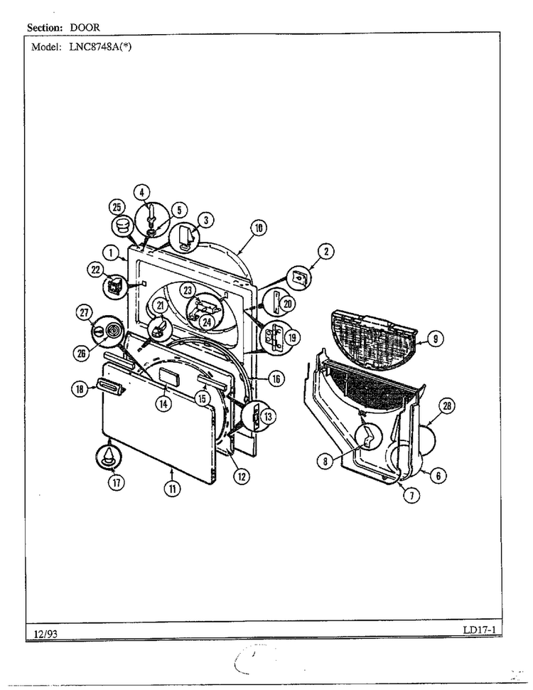 Door Diagram and Parts List for 8748A  Norge Dryer