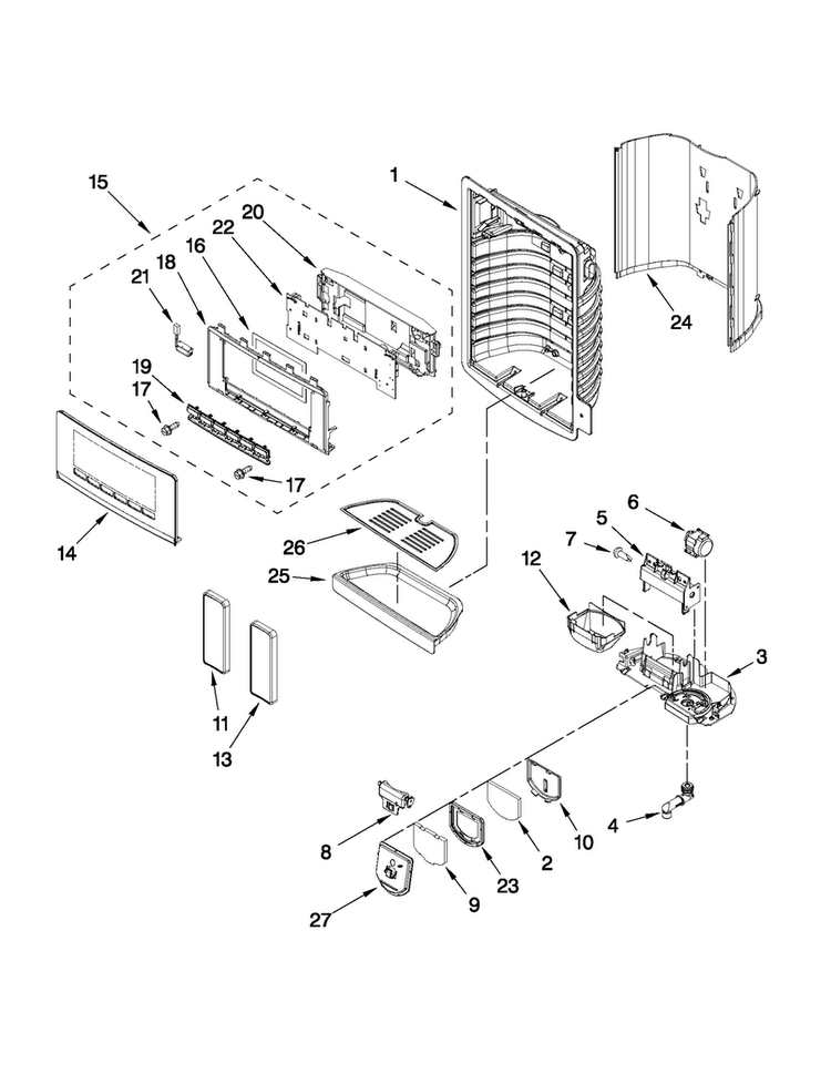Dispenser Front Parts Diagram and Parts List for MSD2559XEB03  Maytag Refrigerator
