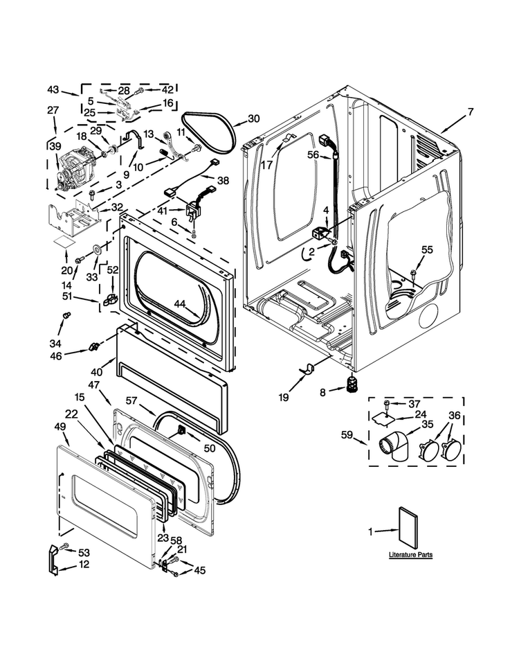 Lower Cabinet & Front Panel Parts Diagram and Parts List for MLE24PRAZW2  Maytag Dryer