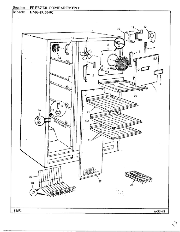 Freezer Compartment Diagram and Parts List for 19100-0C  Admiral Refrigerator