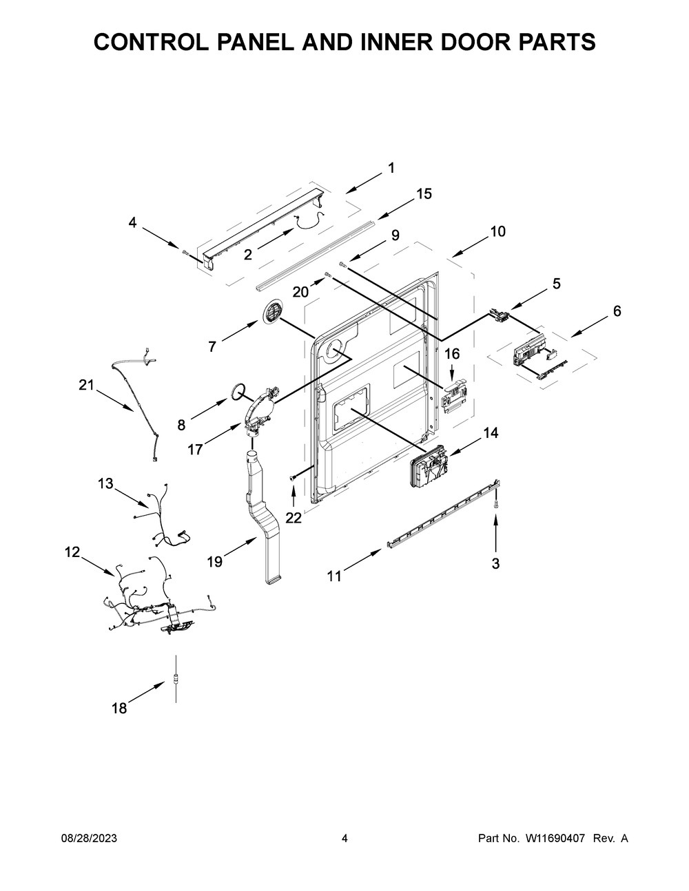 Control Panel And Inner Door Parts Diagram and Parts List for JDPSG244PS0  Jenn-Air Dishwasher