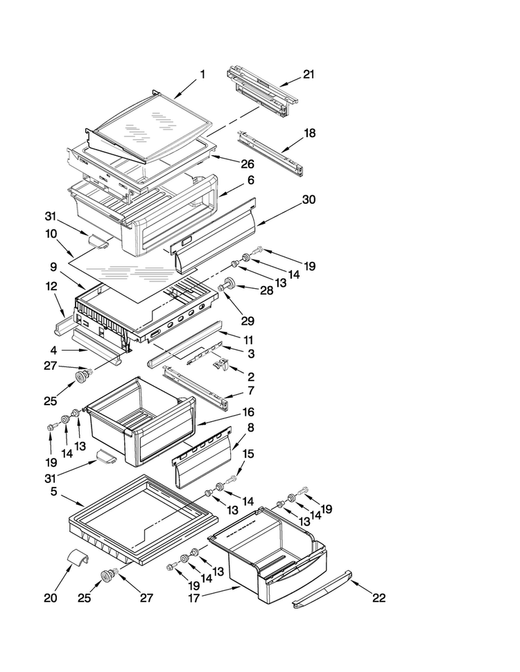Refrigerator Shelf Parts Diagram and Parts List for JCD2395WES00  Jenn-Air Refrigerator