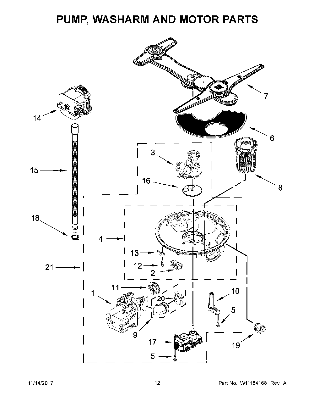 Pump, Washarm And Motor Parts Diagram and Parts List for 66512793K314  Kenmore Dishwasher