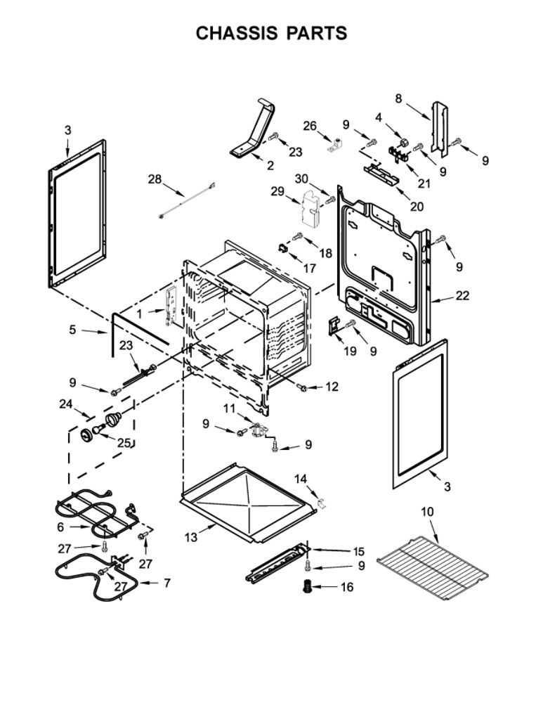 Chassis Parts Diagram and Parts List for YAER6303MFW1  Amana Range