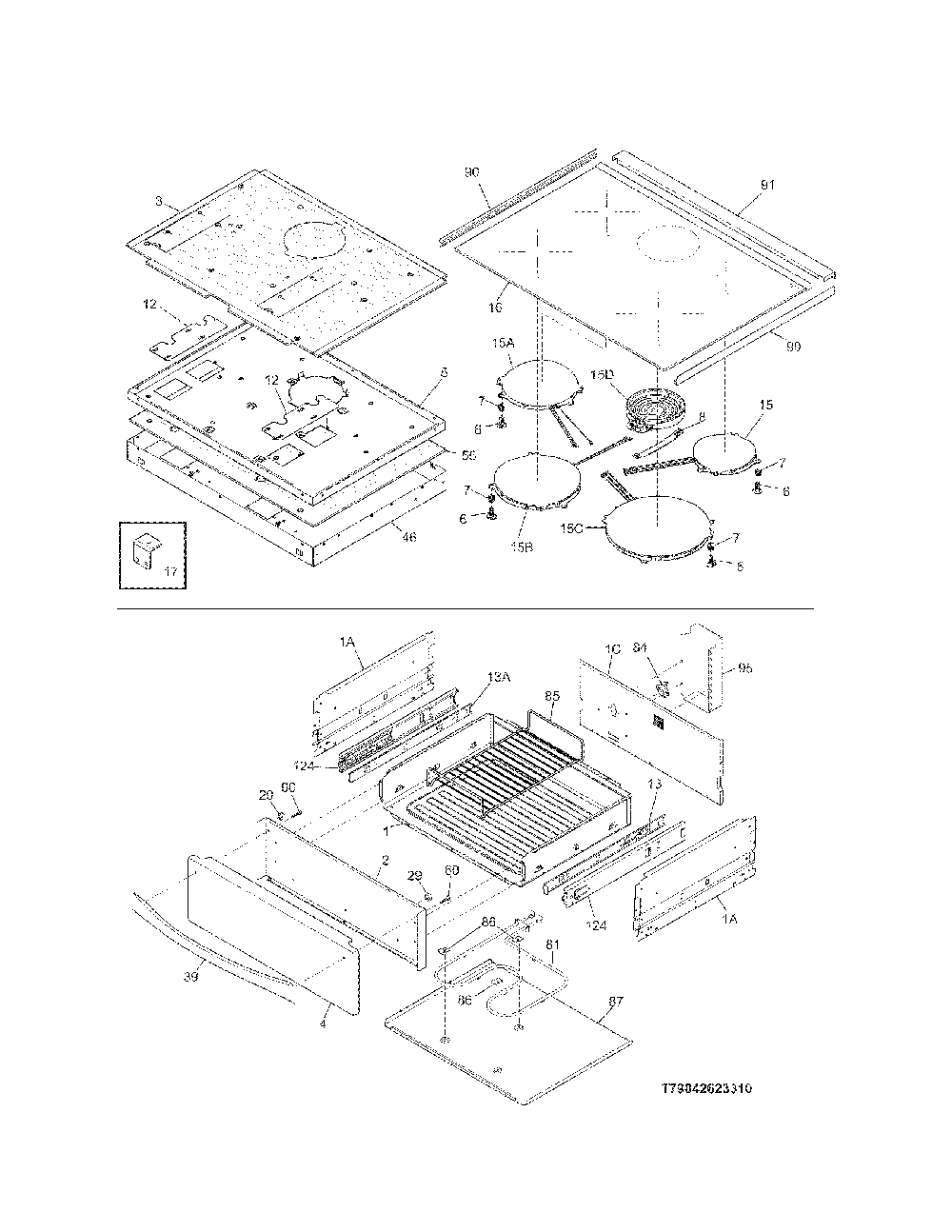 Top/Drawer Diagram and Parts List for 79042623311  Kenmore Range