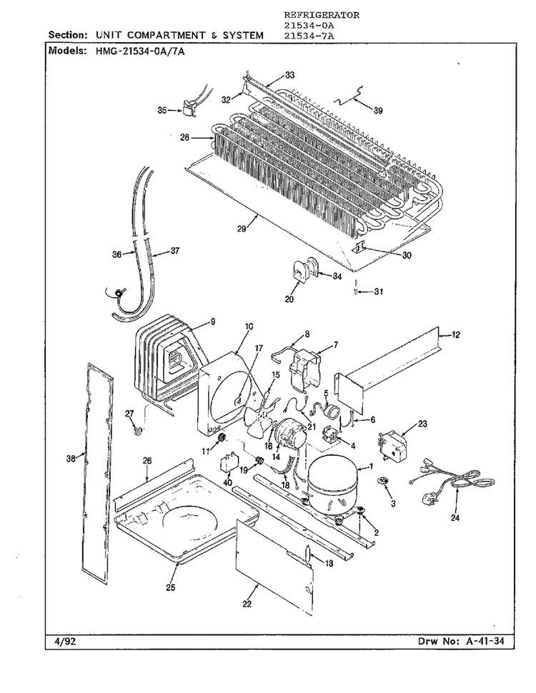 Unit Compartment And System Diagram and Parts List for 21534-7A  Admiral Refrigerator