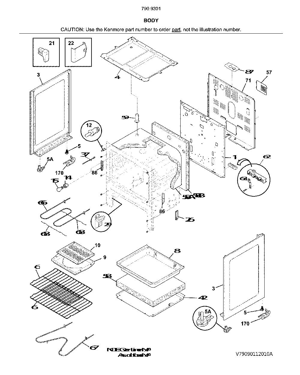 Body Diagram and Parts List for 79093012316  Kenmore Range