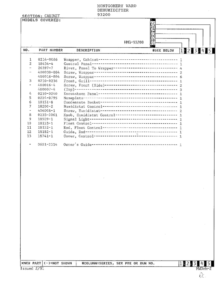 Cabinet Page 2 Diagram and Parts List for 93200  Admiral Dehumidifier