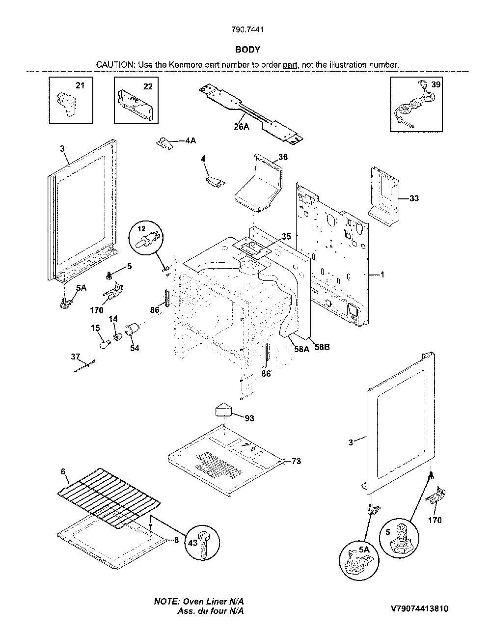 Body Diagram and Parts List for 79074419810  Kenmore Range