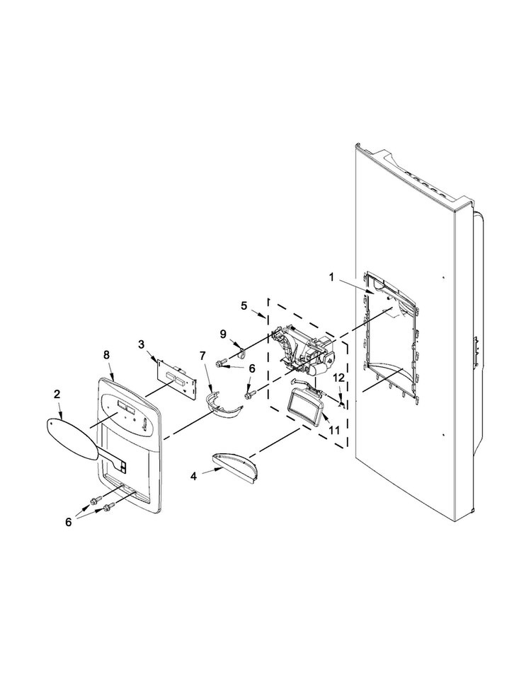 Dispenser Front Parts Diagram and Parts List for MFI2269VEB9  Maytag Refrigerator