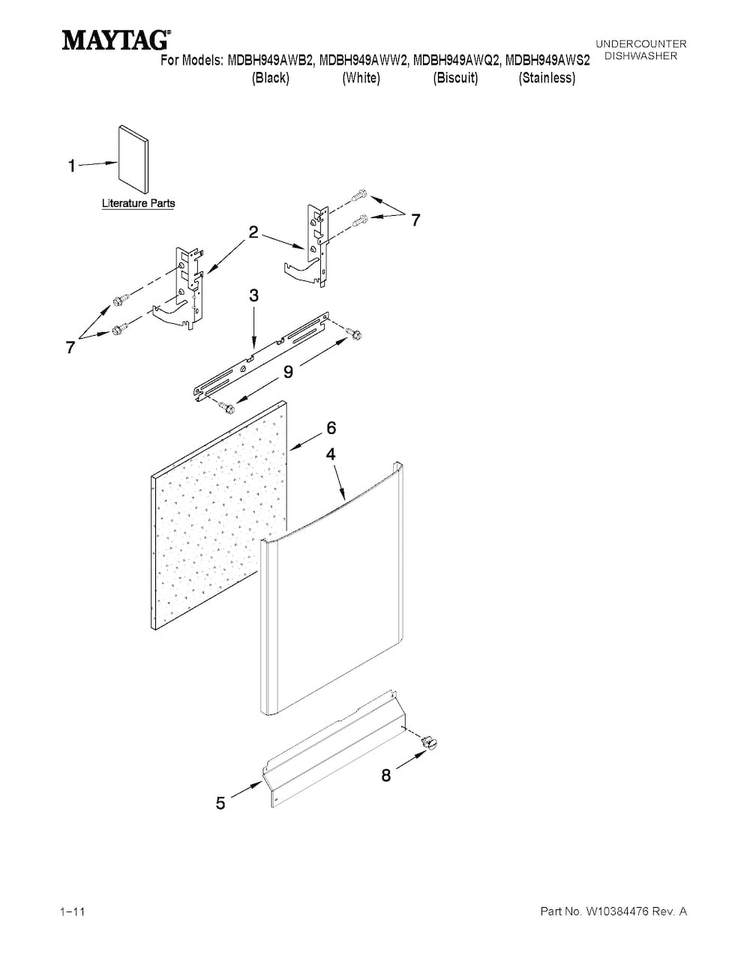 Door And Panel Parts Diagram and Parts List for MDBH949AWB2  Maytag Dishwasher