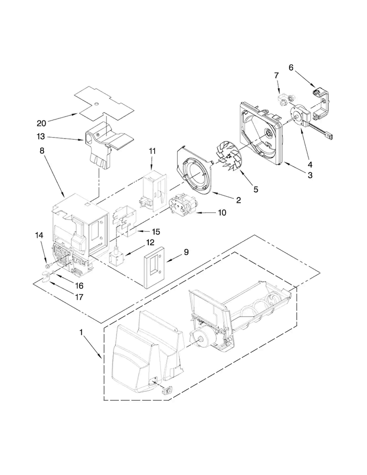 Motor And Ice Container Parts Diagram and Parts List for MFX2571XEW0  Maytag Refrigerator