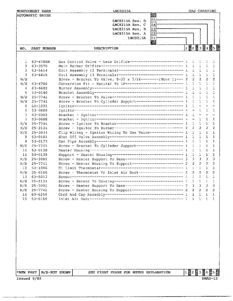 Gas Dryer Gas Carrying Assembly Page 2 Diagram and Parts List for 8215A REV A Norge Dryer