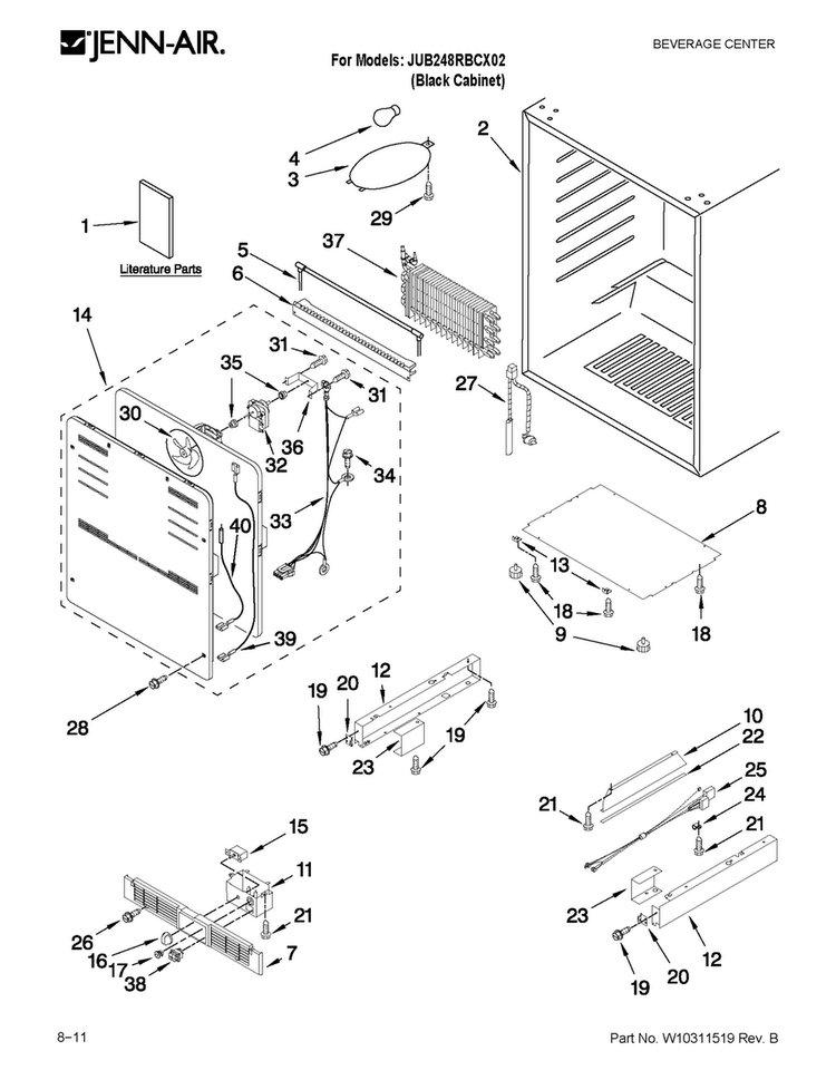 Cabinet Parts Diagram and Parts List for JUB248RBCX02  Jenn-Air Wine and Beverage Cooler